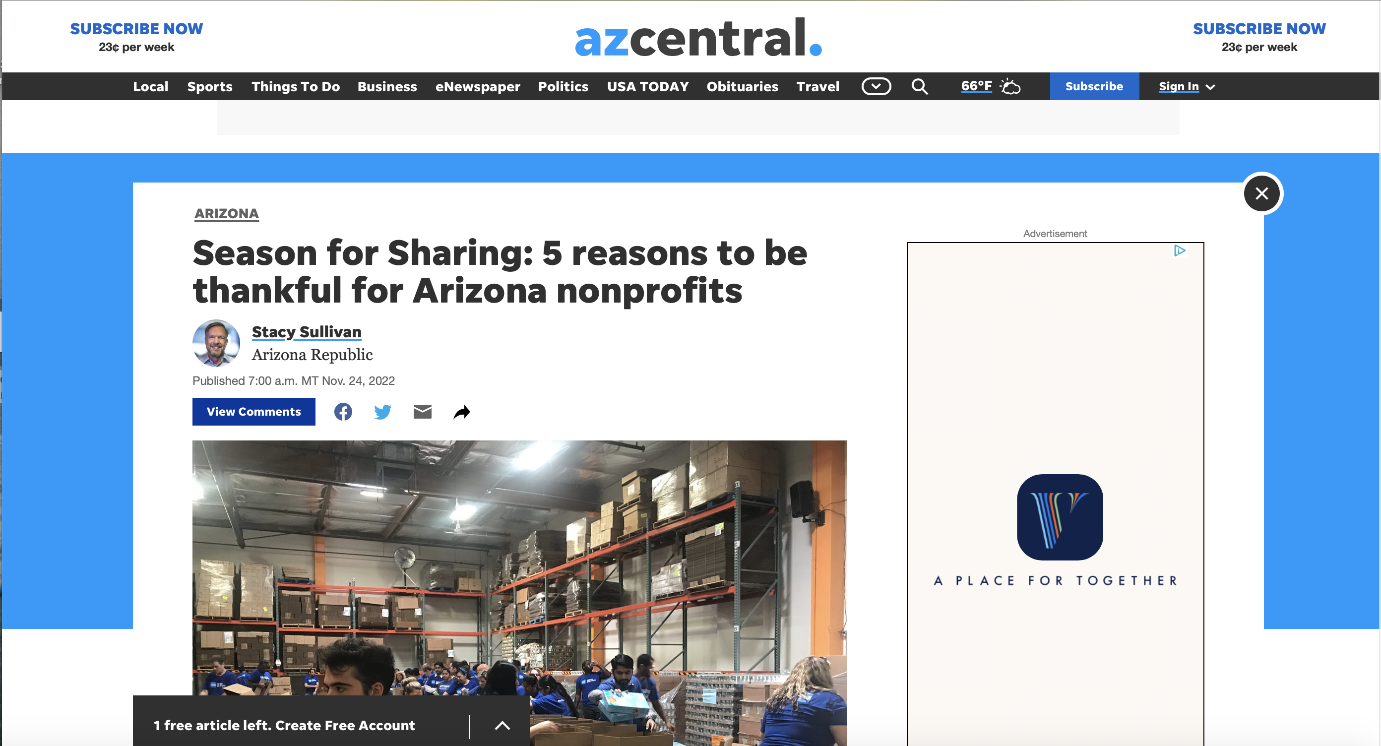 AZCentral Article Mentions Act One In Reasons To Give To Local Charities This Holiday Season