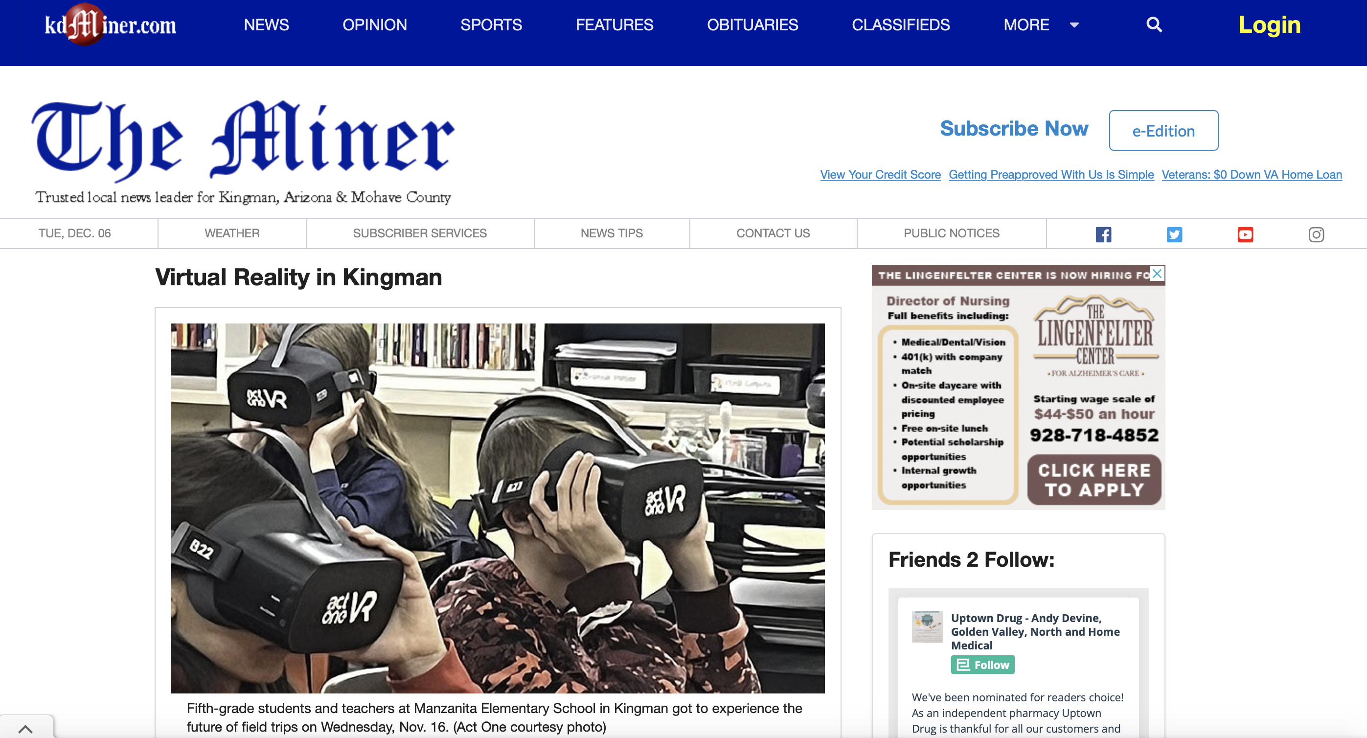 Kingman News Article Features Act One’s VR Program